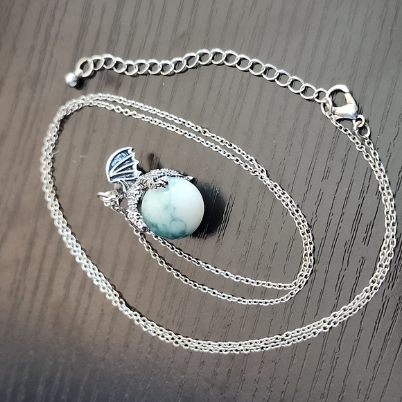 Silver Dragon Pendant Necklace with Blue Stone - Picture 3 of 5